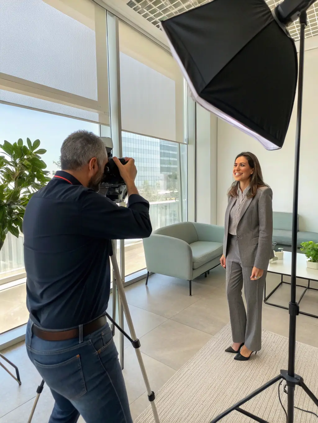 A professional photographer capturing a corporate headshot in a modern office setting in Johannesburg, South Africa, showcasing commercial photography services.