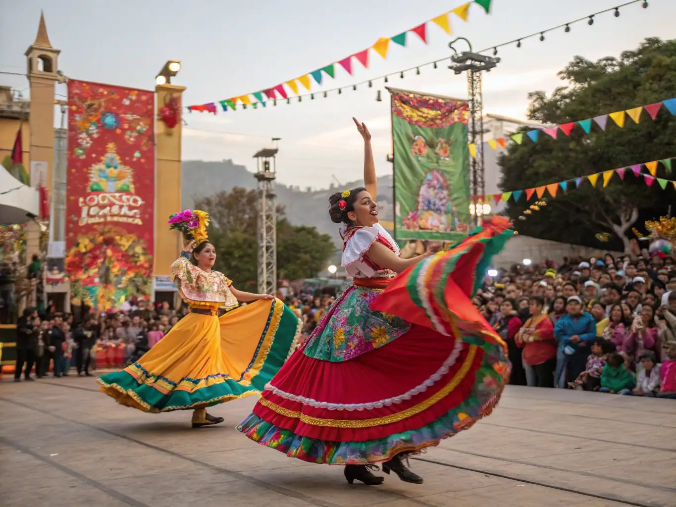 Photographer capturing a lively street festival with vibrant costumes and dancing, representing event coverage services.